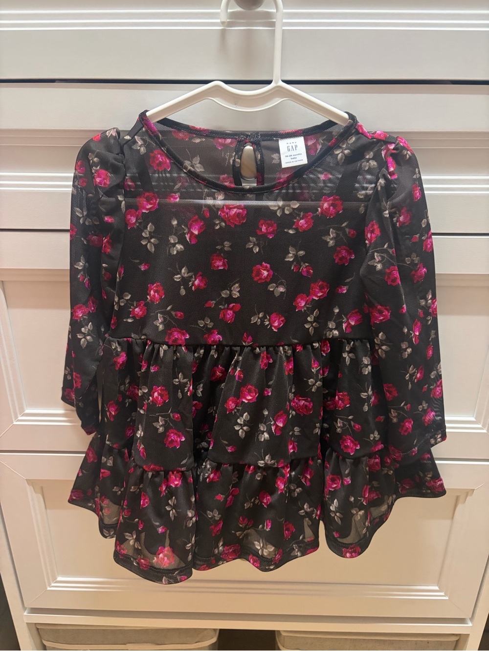 GAP Brown Floral Tiered Mesh Blouse with Pink Roses